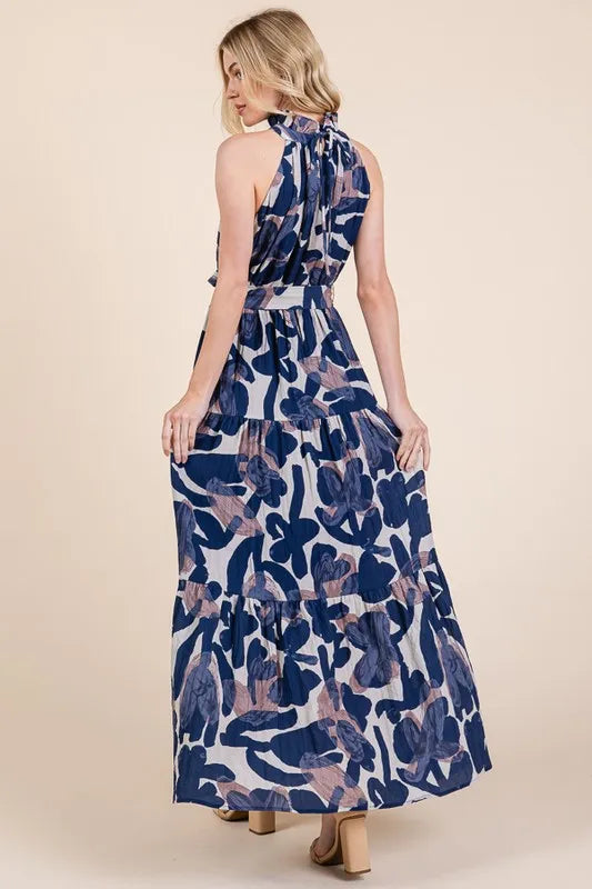 Lime N Chili Abstract Halter Neck Tie Waist Tiered Maxi Dress