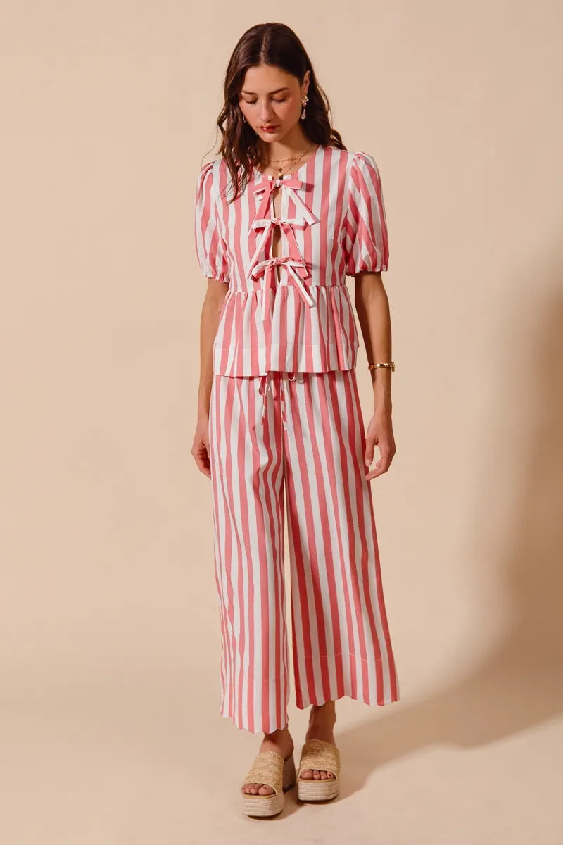 Pink So Me Front Tie Stripe Top With Puff Sleeves And Wide Leg Pants Set