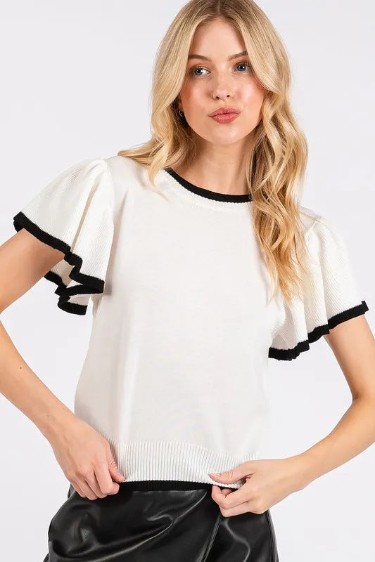 White Mittoshop Contrast Trim Ruffled Cap Sleeve Knit Top