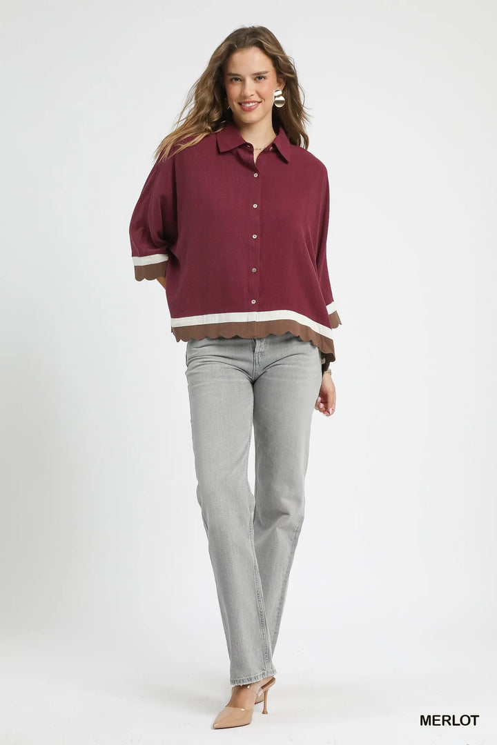 Umgee Colorblock Button Down Shirt With Scallop Hem