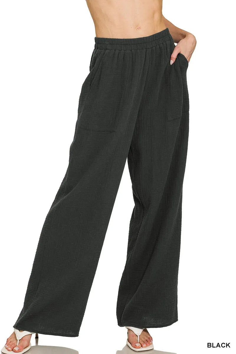 Black Zenana Double Gauze Elastic Band Pants 1