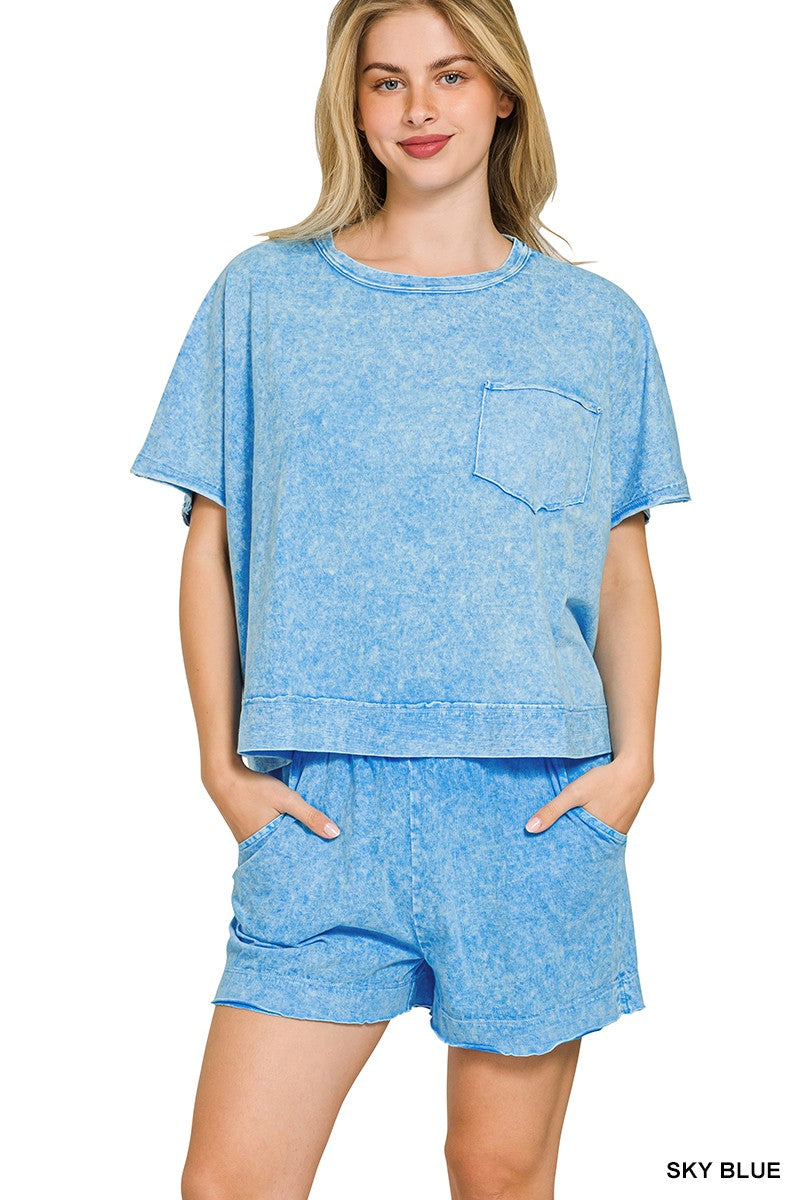Sky Blue Zenana Halo Snow Washed Boxy Top Shorts Set 2