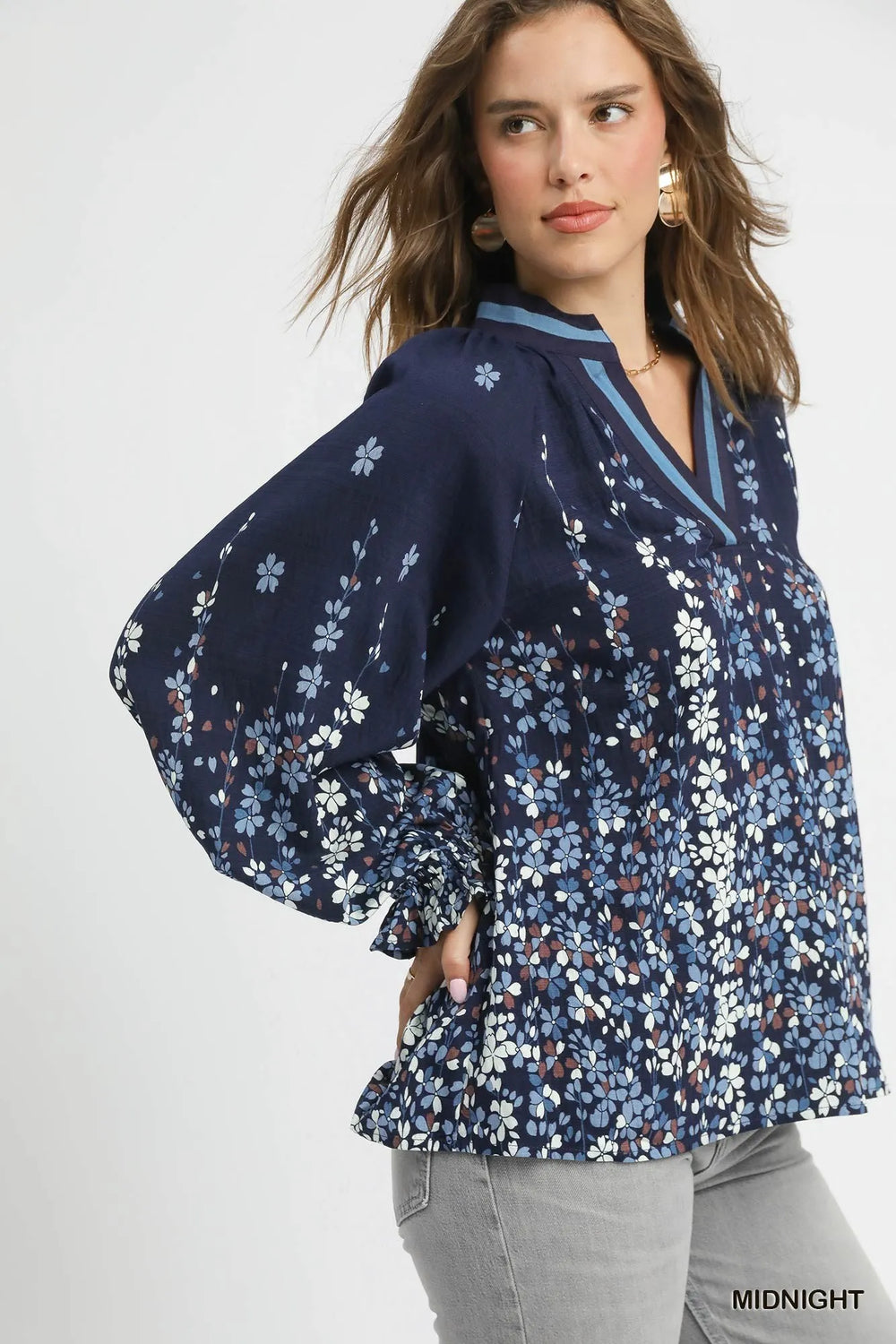 Midnight Umgee Full Size Floral Vine Print Blouse With Balloon Sleeves Plus Size 1