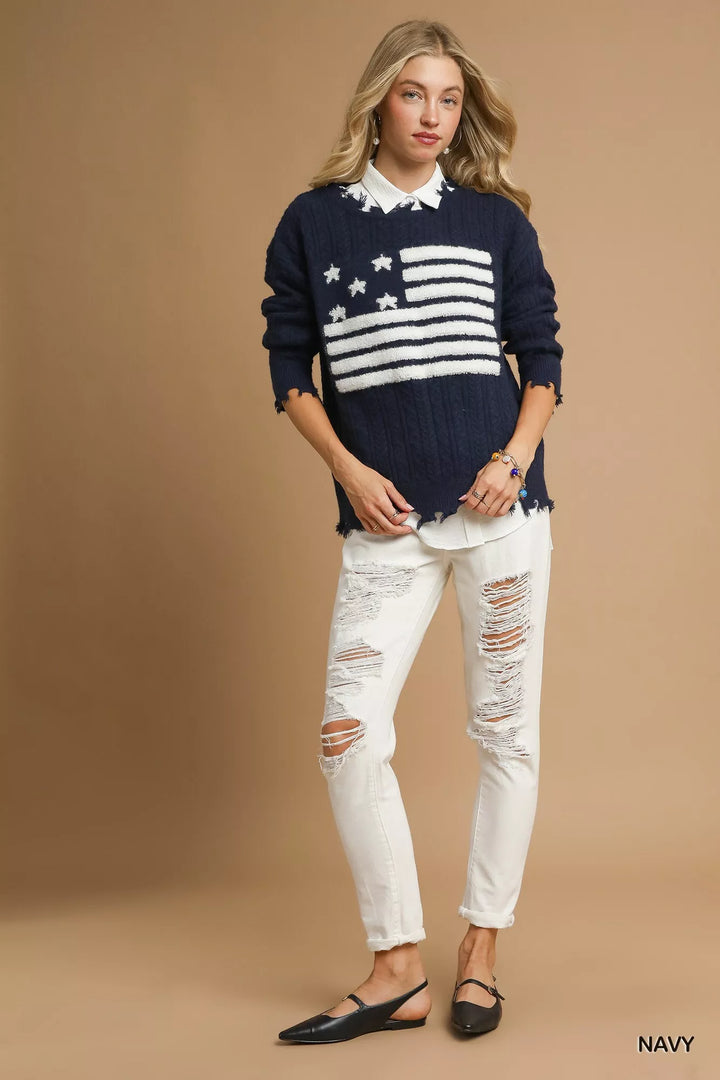 Navy Umgee Distressed American Flag Sweater