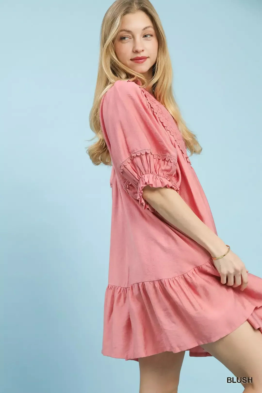 Blush Umgee Smocked Bib Ruffle Hem Babydoll Dress