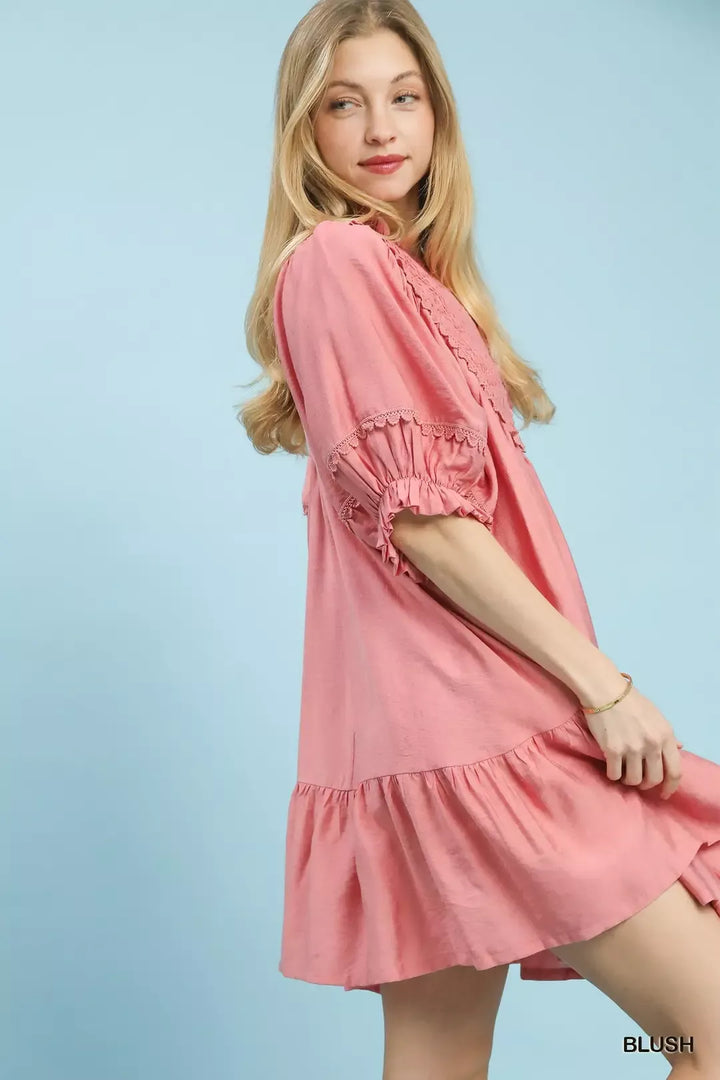 Blush Umgee Smocked Bib Ruffle Hem Babydoll Dress