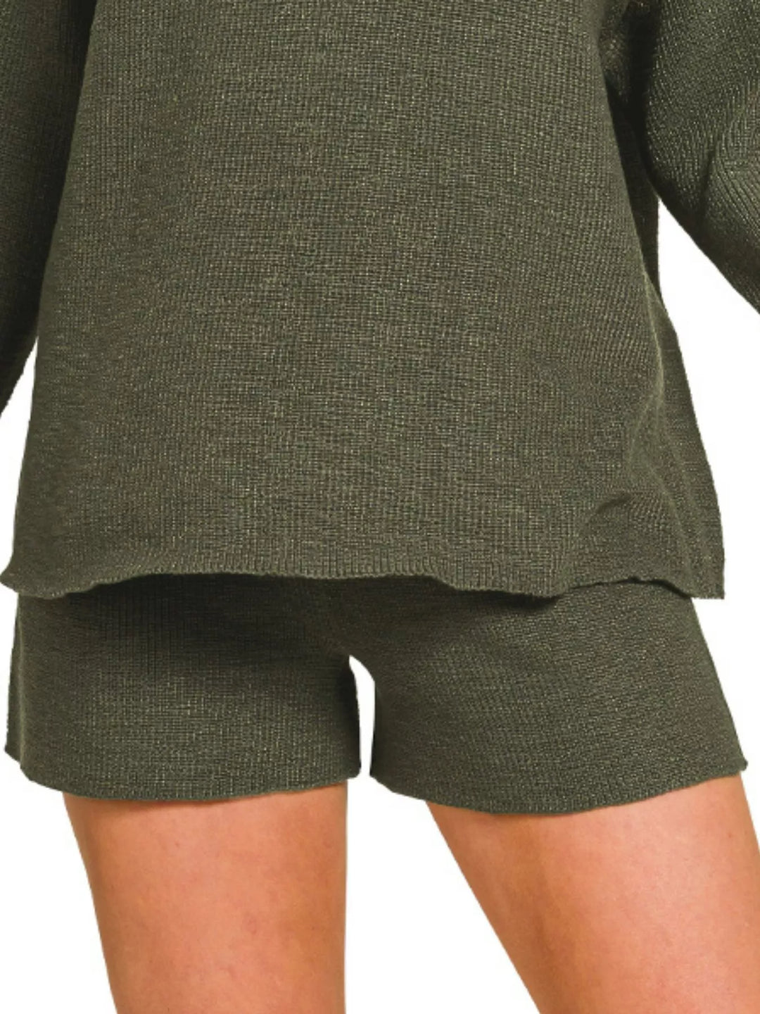 Dk Olive Zenana Round Neck Knit Top And Shorts Sweater Set