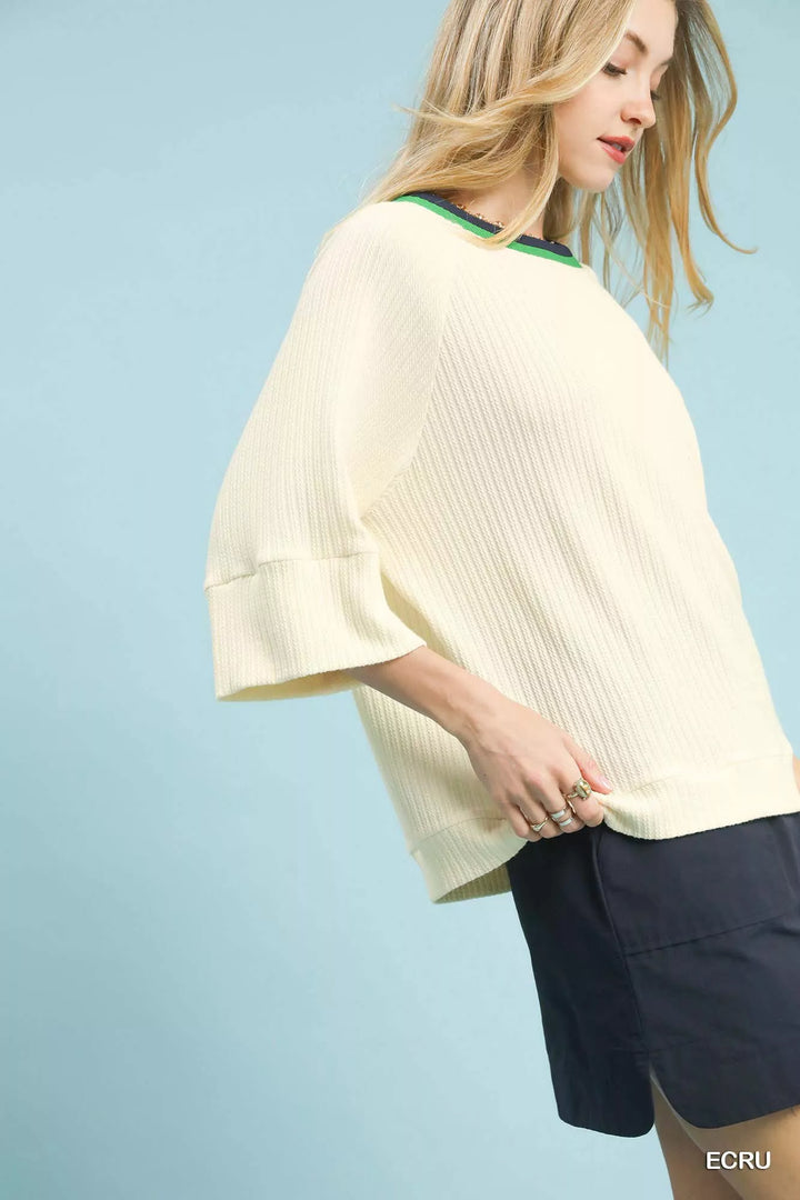 Ecru Umgee Ribbed Knit Top With Contrast Trim