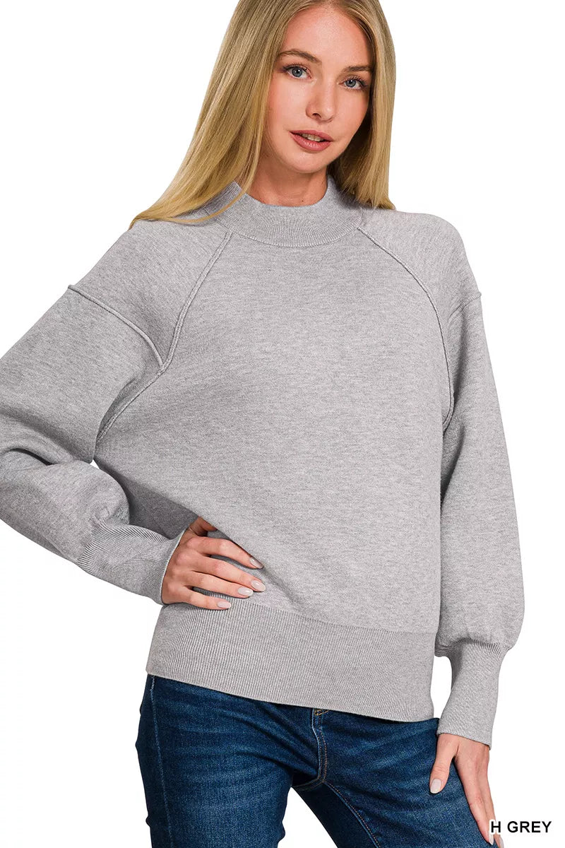 H Grey Zenana Viscose Mock Neck Exposed Seam Sweater 1