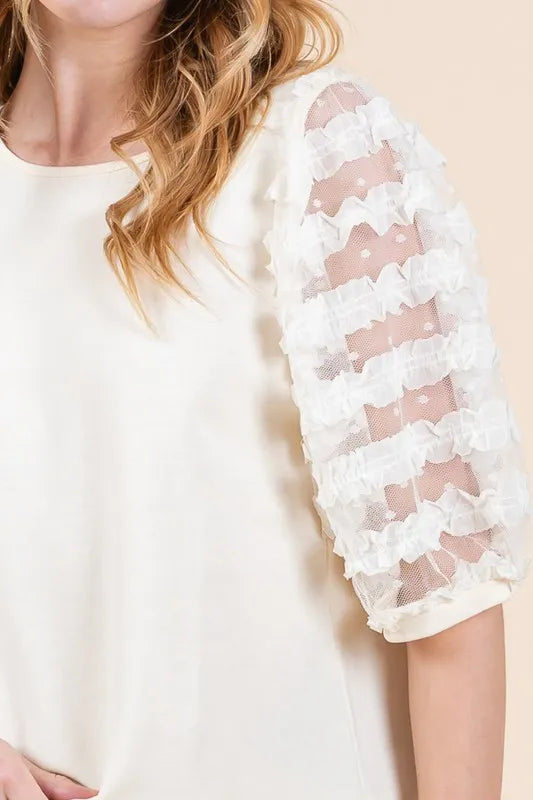 Cream Lime N Chili Full Size Lace Puff Sleeve Round Neck Top Plus Size