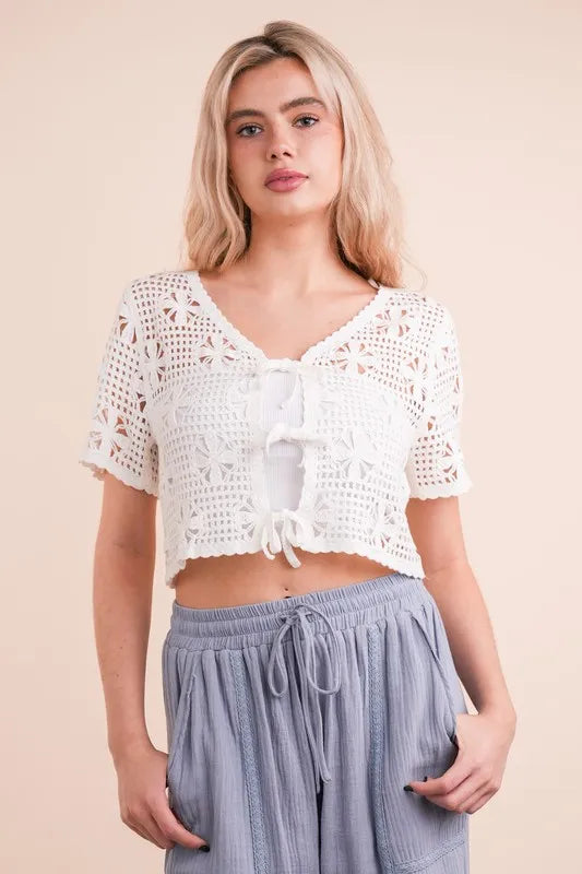 Ivory Very J Front Tie Crochet Crop Top