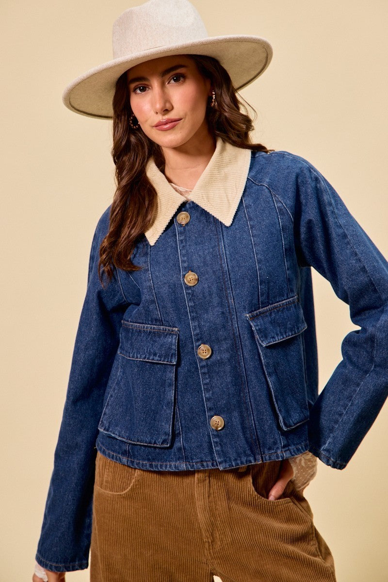 Denim/Oatmeal So Me Zip Up And Buttoned Denim Jacket