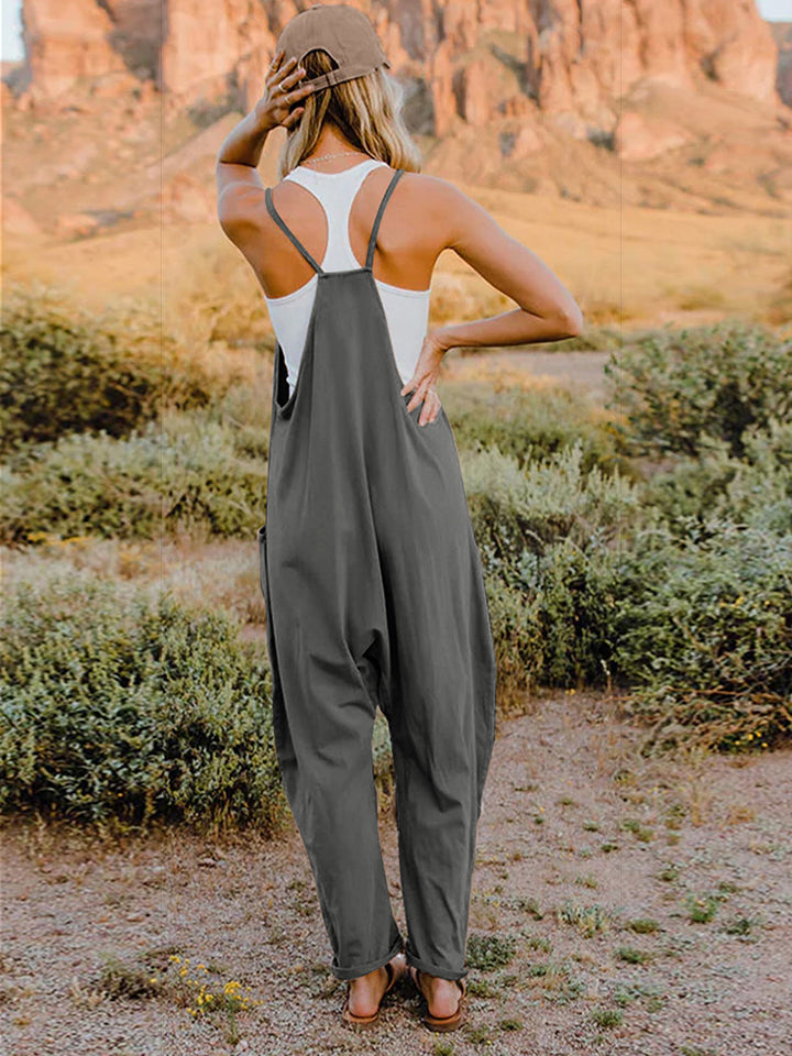 Dark Gray Double Take Full Size Sleeveless V Neck Pocketed Jumpsuit 1