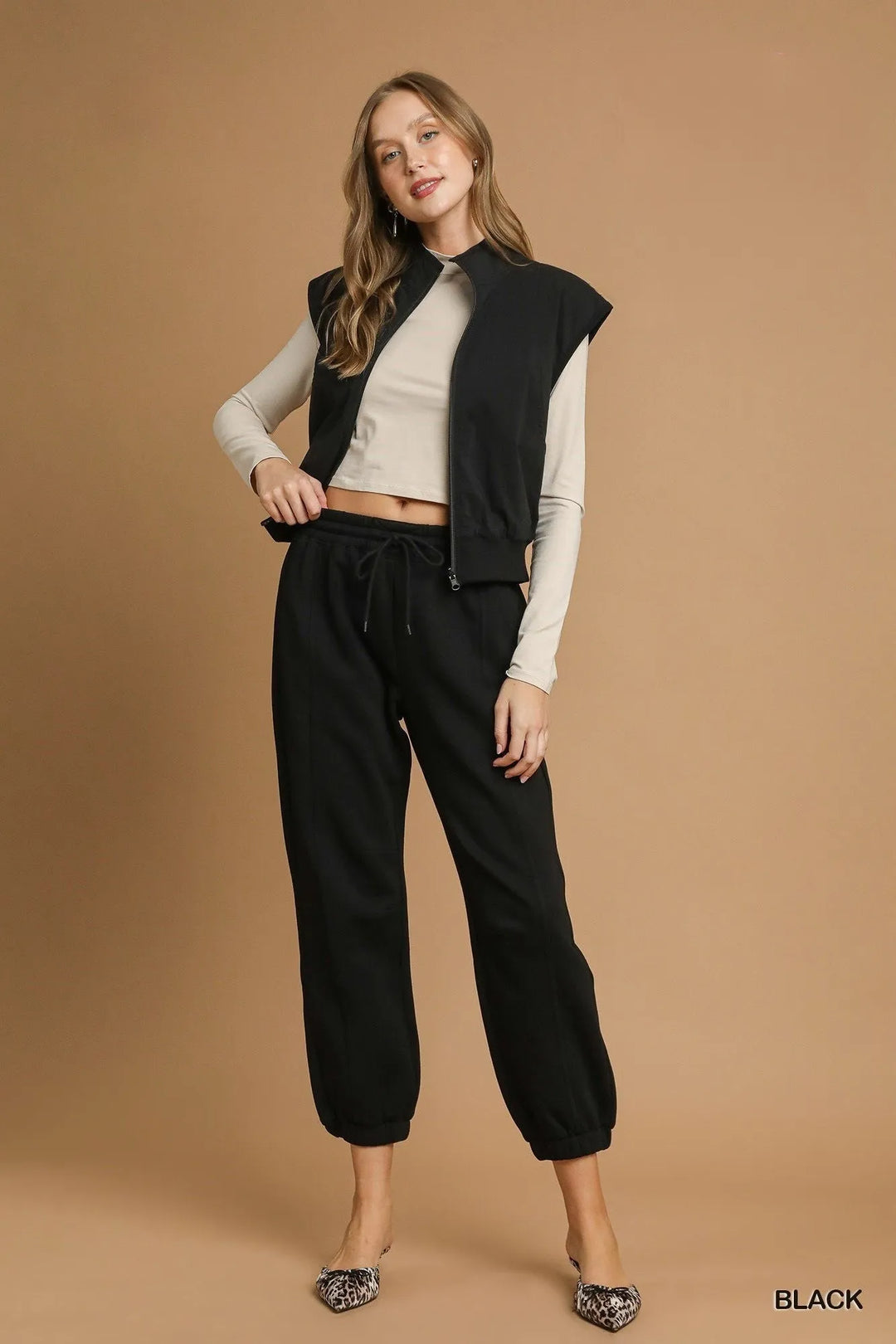 Black Umgee Fleece Jogger Pants With Drawstring