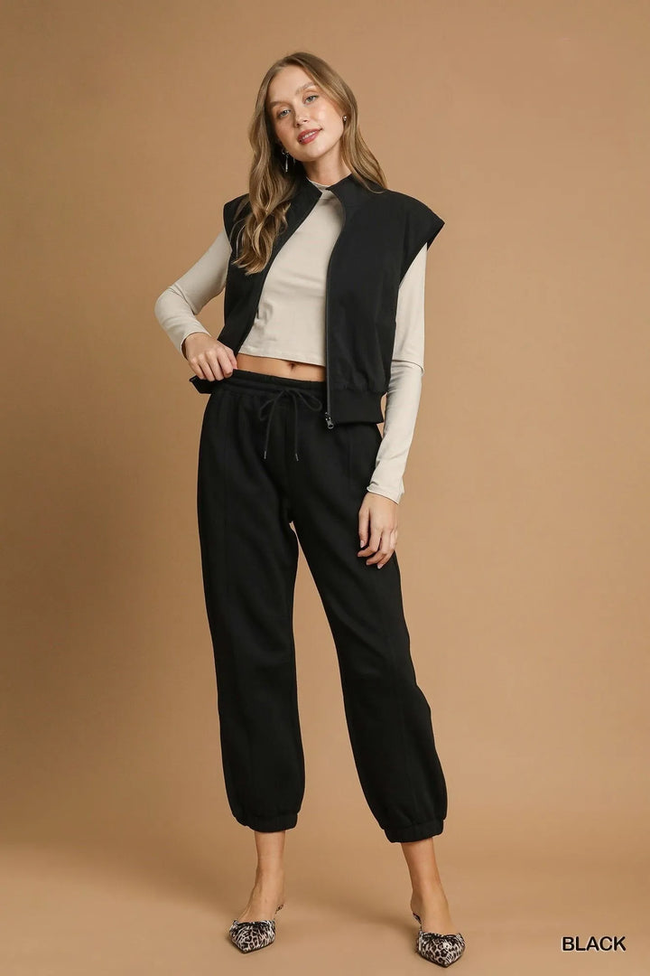 Black Umgee Fleece Jogger Pants With Drawstring