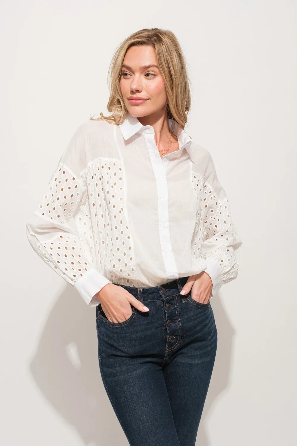White And The Why Eyelet Long Sleeve Button Down Shirt