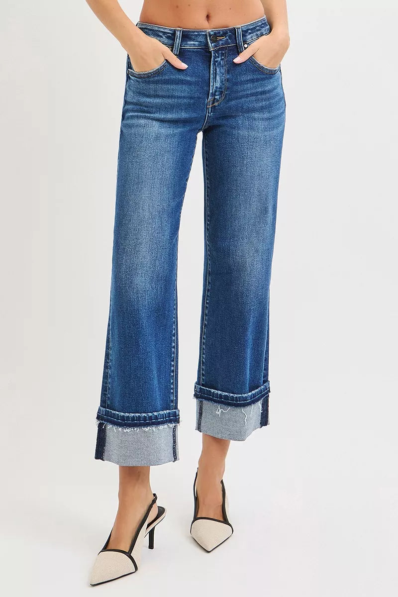 Dark Risen Mid Rise Ankle Straight Jeans With Cuffed Hem