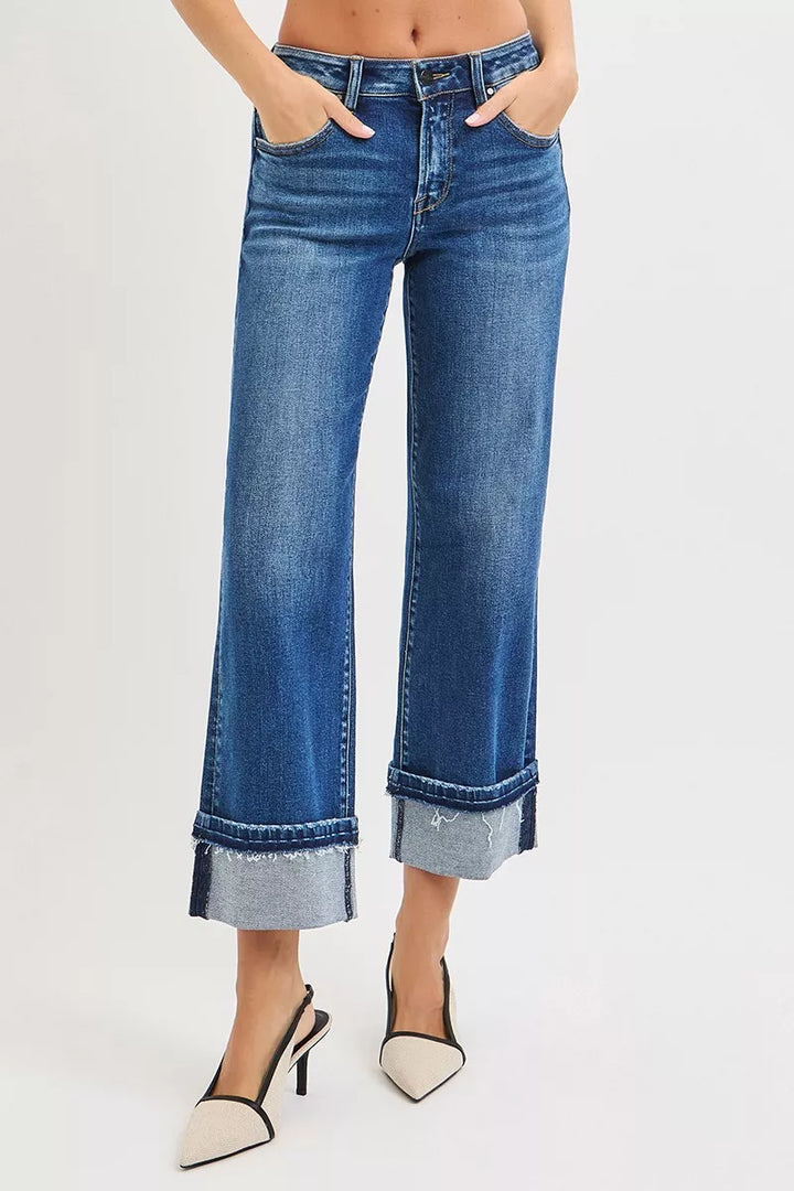 Dark Risen Mid Rise Ankle Straight Jeans With Cuffed Hem