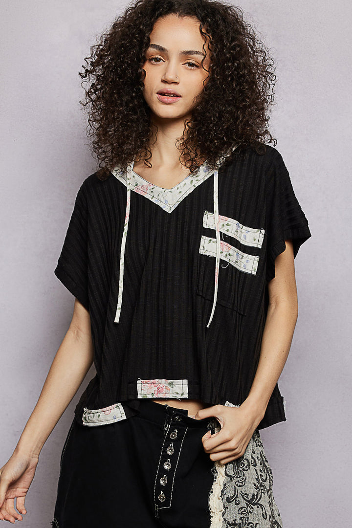 Black Pol Short Sleeve Hooded Top With Back Open Detail 1