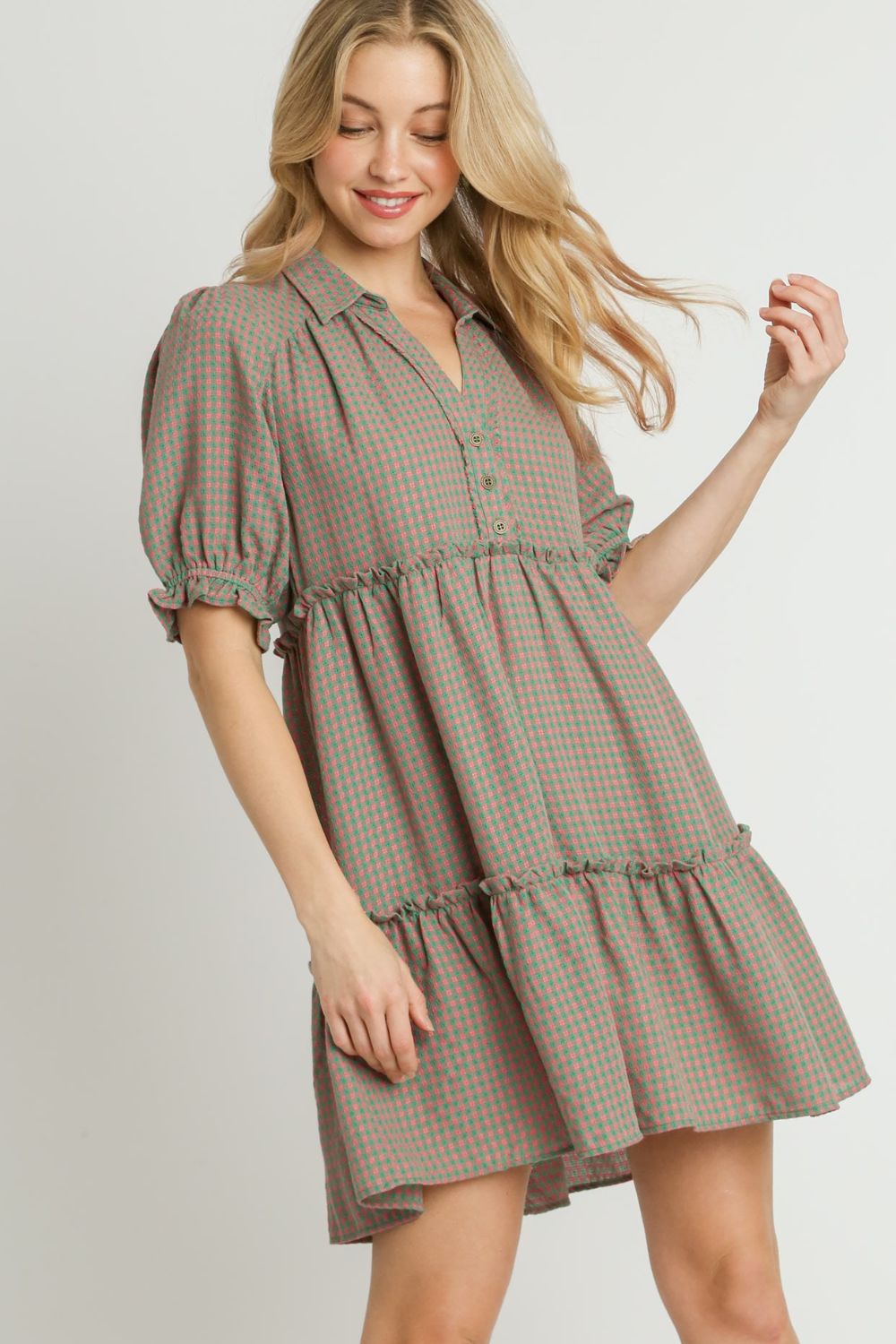 GREEN/PINK Umgee Full Size Plaid Frill Button Detail Ruffled Short Sleeve Dress Plus Size