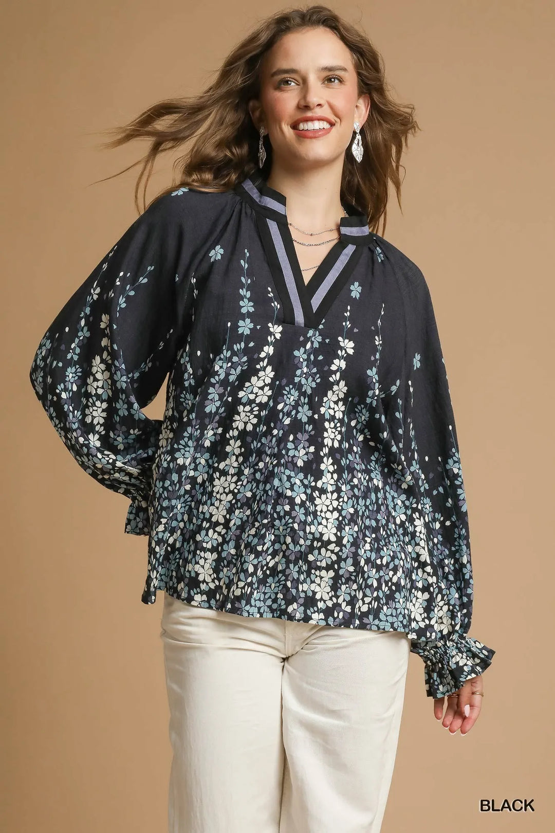 Black Umgee Full Size Floral Vine Print Blouse With Balloon Sleeves Plus Size