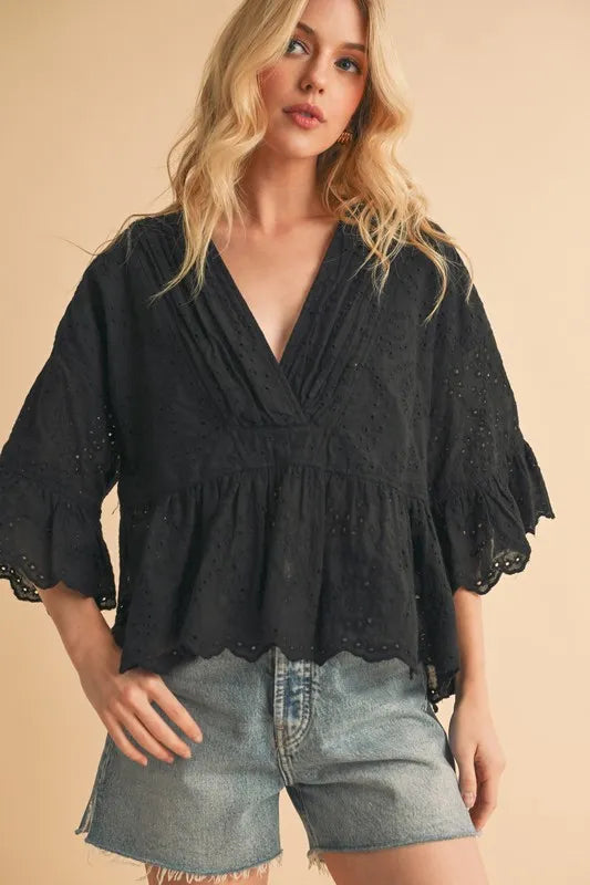 Black Aemi Co Flounce Sleeve Eyelet Peplum Top 1