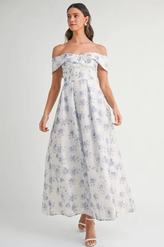 Blue Mable Floral Printed Off Shoulder Maxi Dress