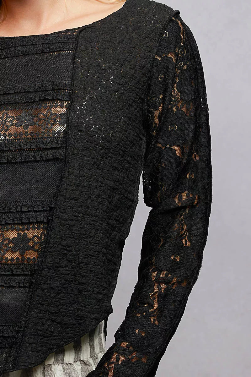 Pol Round Neck Long Sleeve Exposed Seam Top With Lace Detail 3