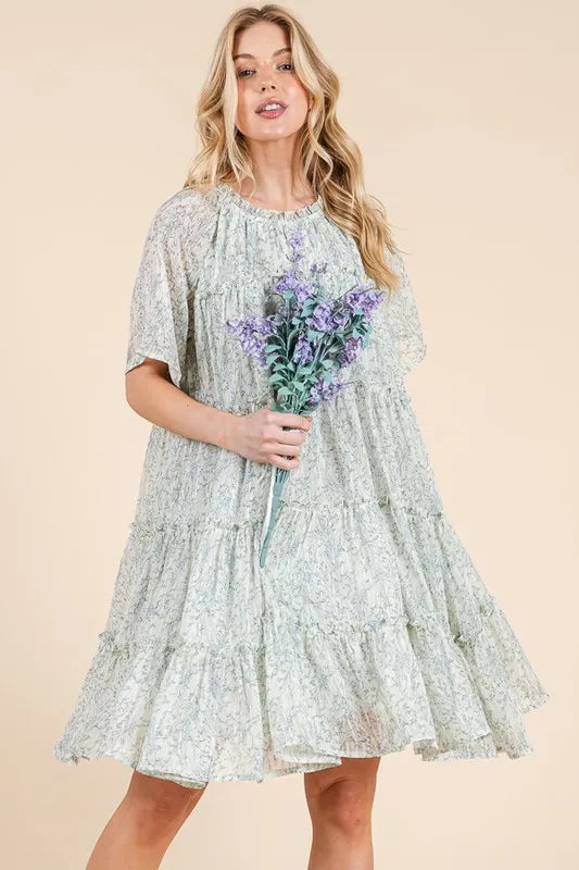 Lime N Chili Ditsy Floral Print Sheer Ruffle Detail Mini Dress 1
