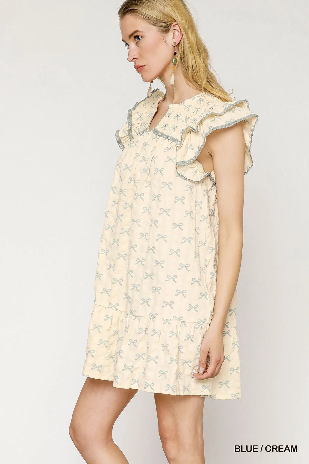 Blue / Cream Umgee Bow Print Ruffled Cap Sleeve Mini Dress