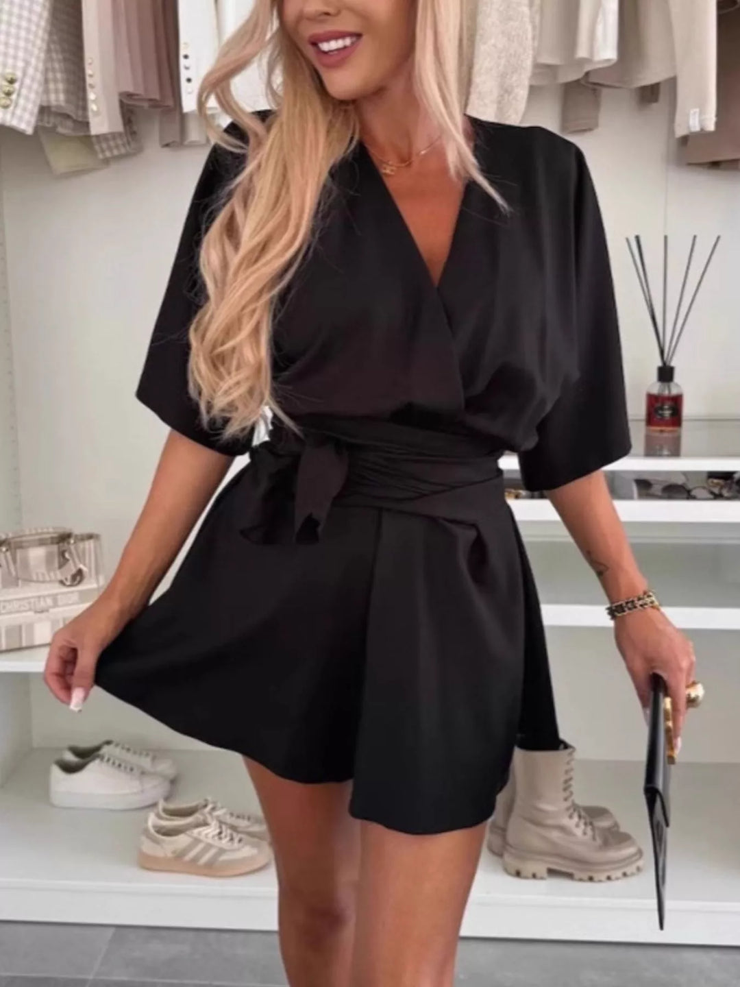 Green Full Size Surplice Tie Waist Romper Plus Size