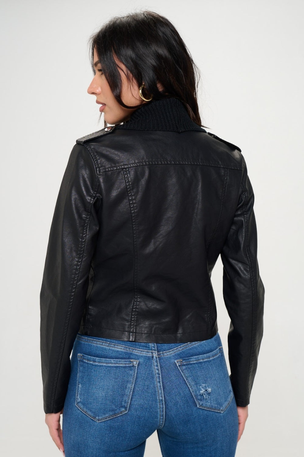 Black Coalition La Knit Collared Faux Leather Crop Jacket