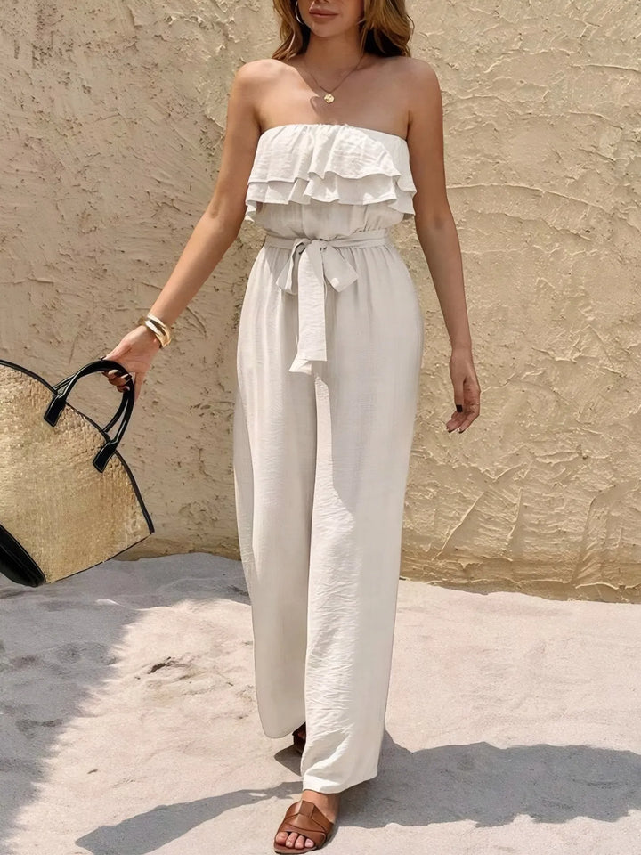 Off Shoulder Ruffled Wide Leg Jumpsuit
