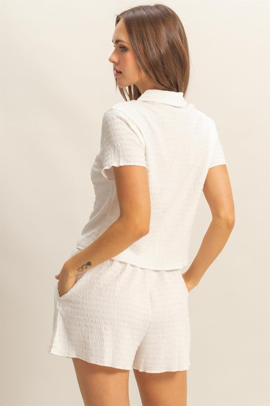 White Hyfve Textured Short Sleeve Top And Drawstring Shorts Knit Set