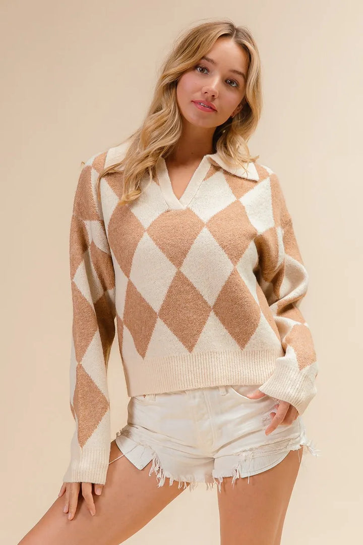 Bibi Diamond Pattern Collared Notch Neck Sweater