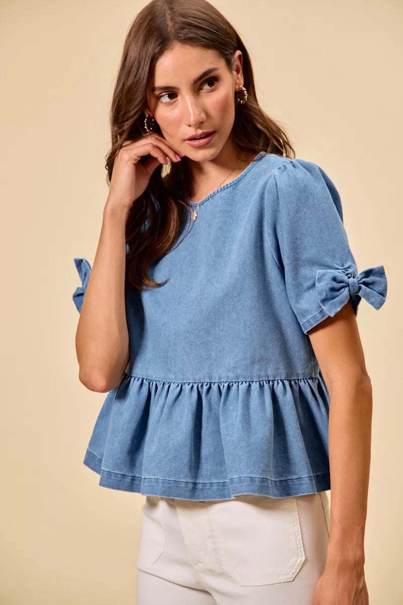 Denim So Me Denim Bow Detail Short Sleeves Peplum Top
