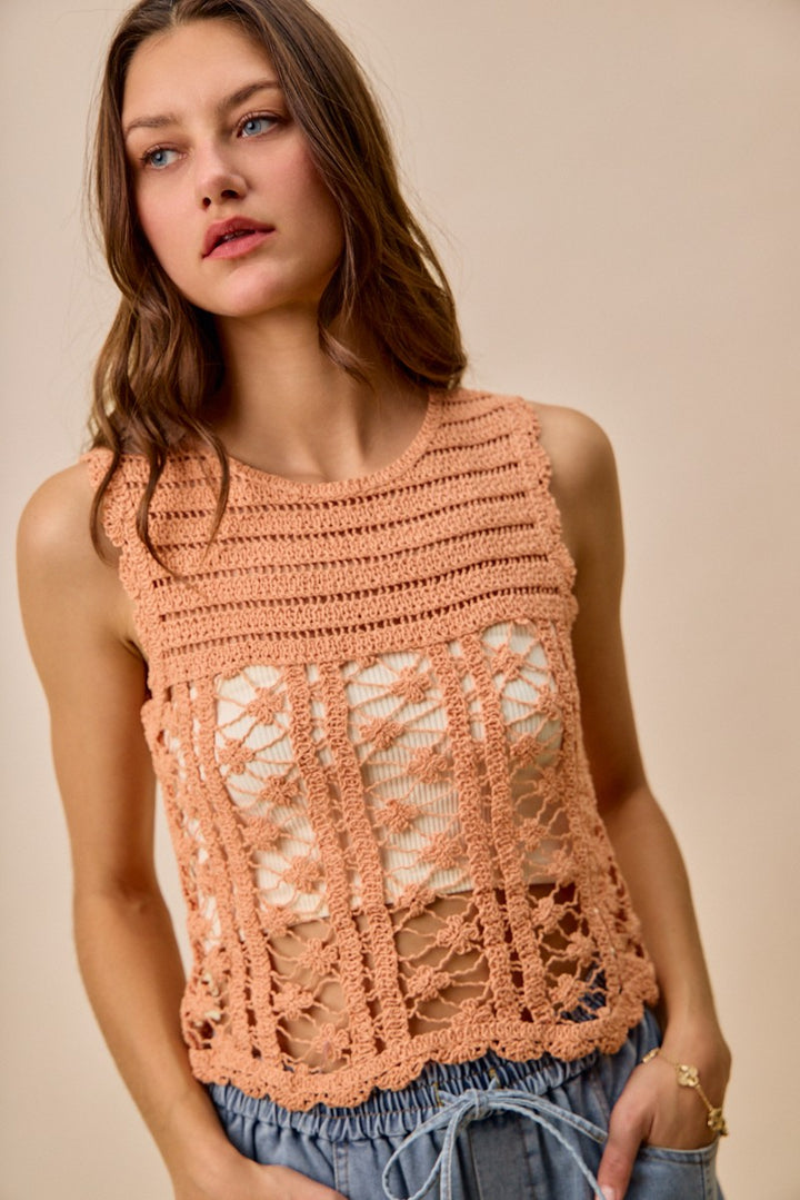 Peach So Me Crochet Knitted Lace Sweater Tank Top