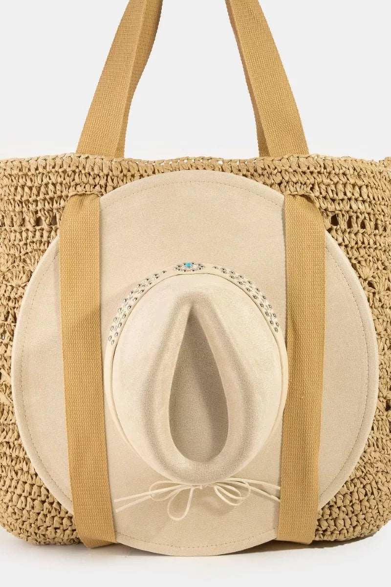 Fame Large Straw Braided Tote Bag With Hat Holder