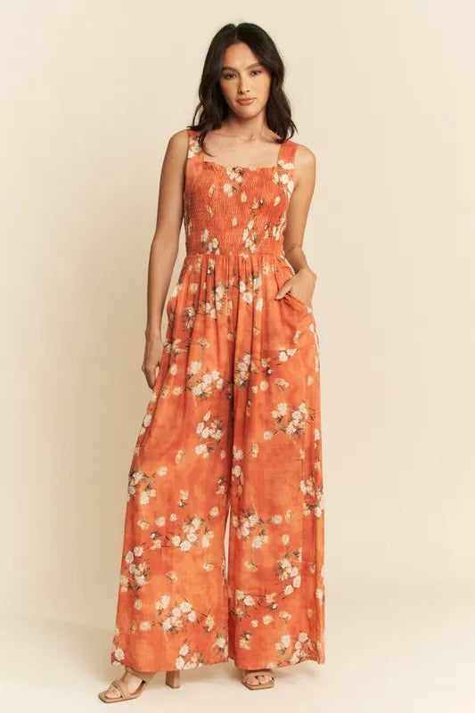 Orange Davi Dani Floral Ruffle Square Neck Smocking Bodice Jumpsuit