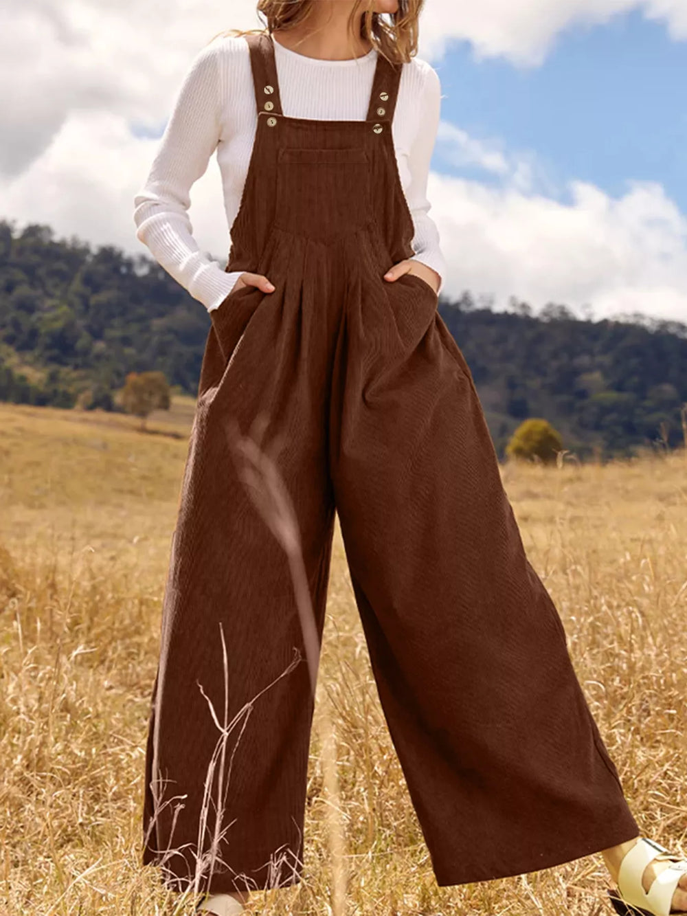 Brown Front Ruched Wide Leg Jumpsuit With Pockets