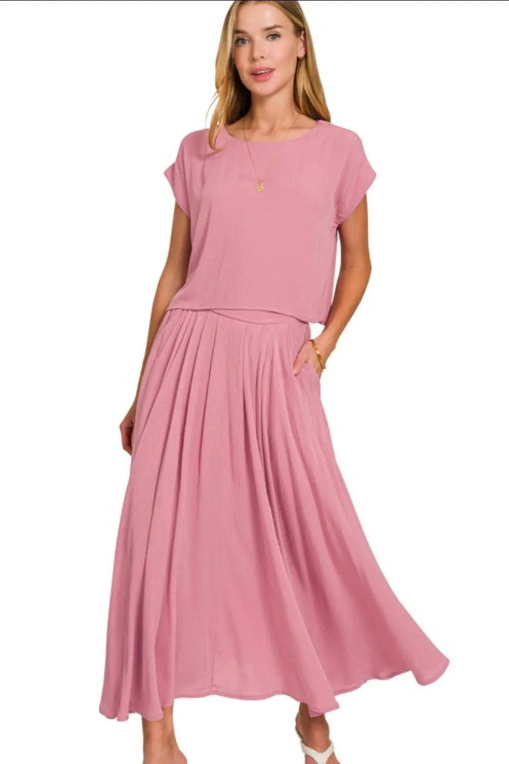 Lt Rose Zenana Woven Crinkle Gauze Crop Tee And Skirt Set 5