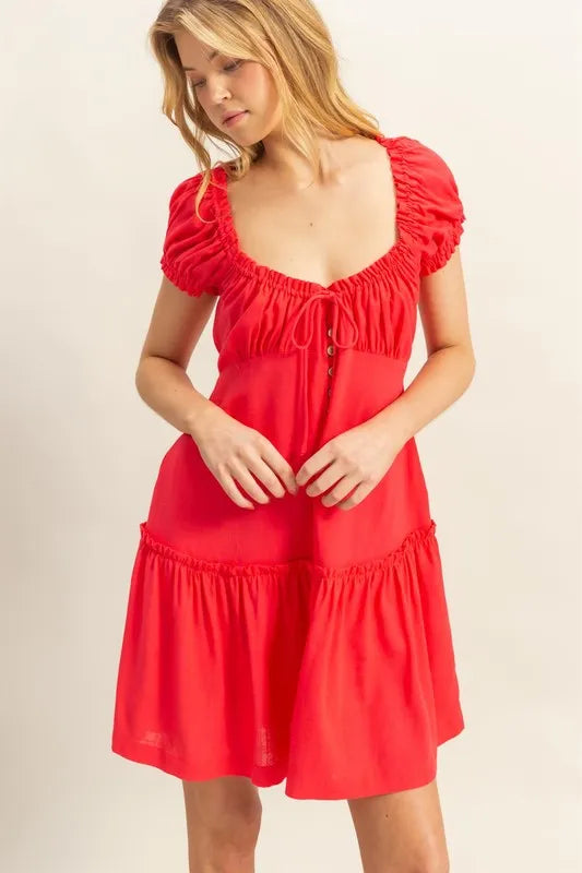 Red Hyfve Ruched Frill Tiered Short Sleeve Mini Dress