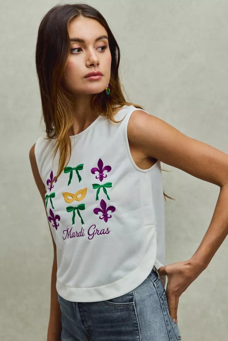 Ivory So Me Mardi Gras Fleur De Lis And Ribbon Embroidered Top