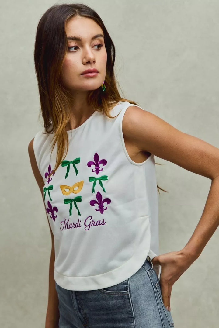 Ivory So Me Mardi Gras Fleur De Lis And Ribbon Embroidered Top