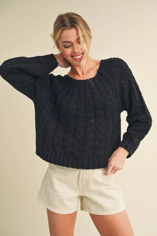 Black Aemi Co Cable Knit Openwork Round Neck Sweater