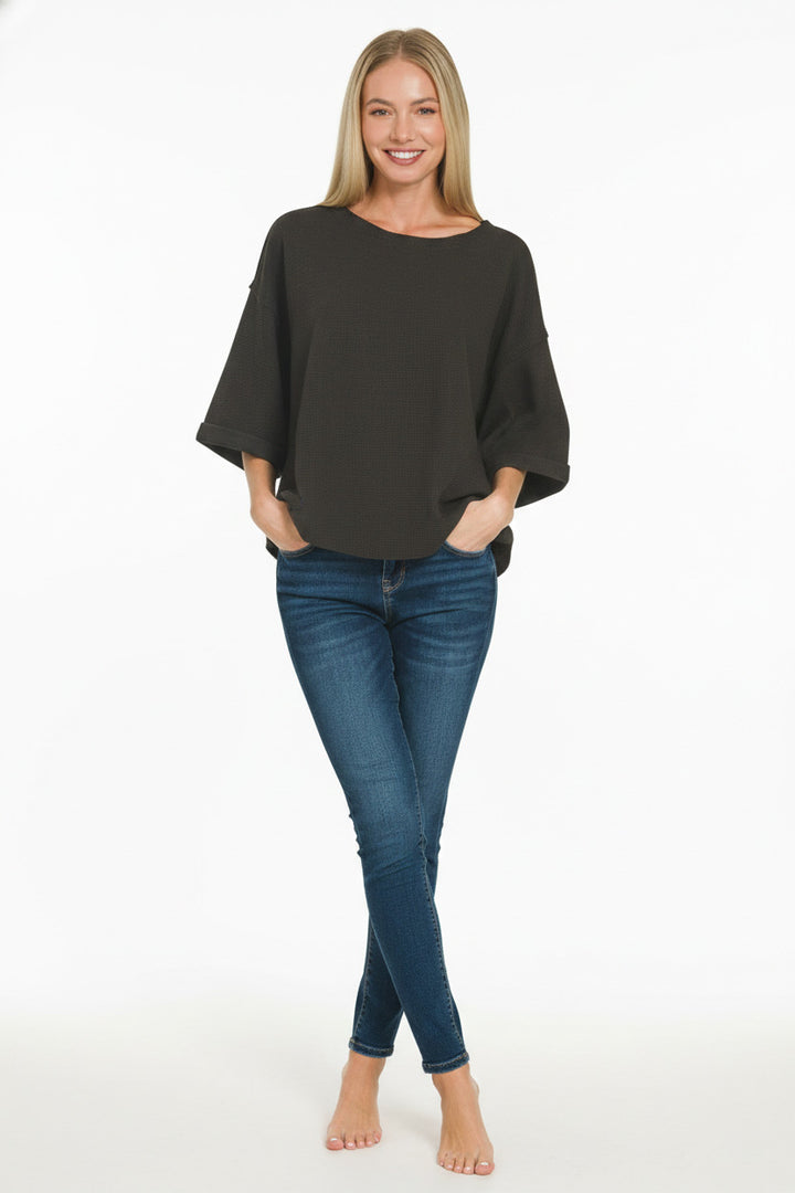 Black Zenana Double Knit Exposed Seam Curved Hem Top 1