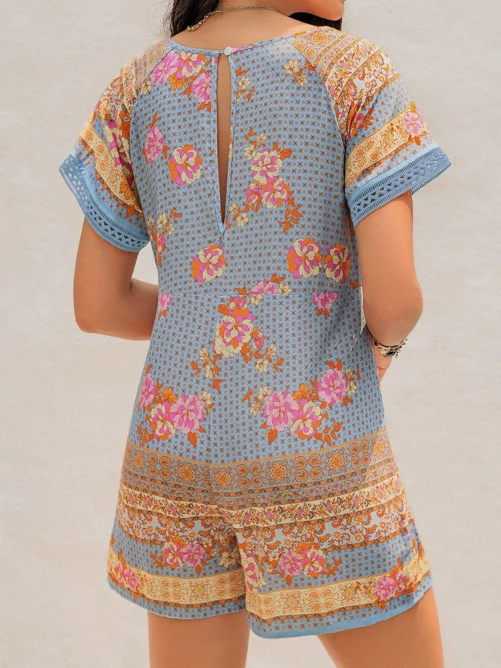 Light Blue Printed V Neck Short Sleeve Romper