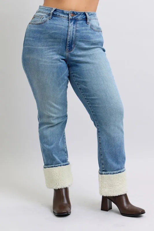 Md Judy Blue Full Size High Waist Shearling Cuff Straight Plus Size