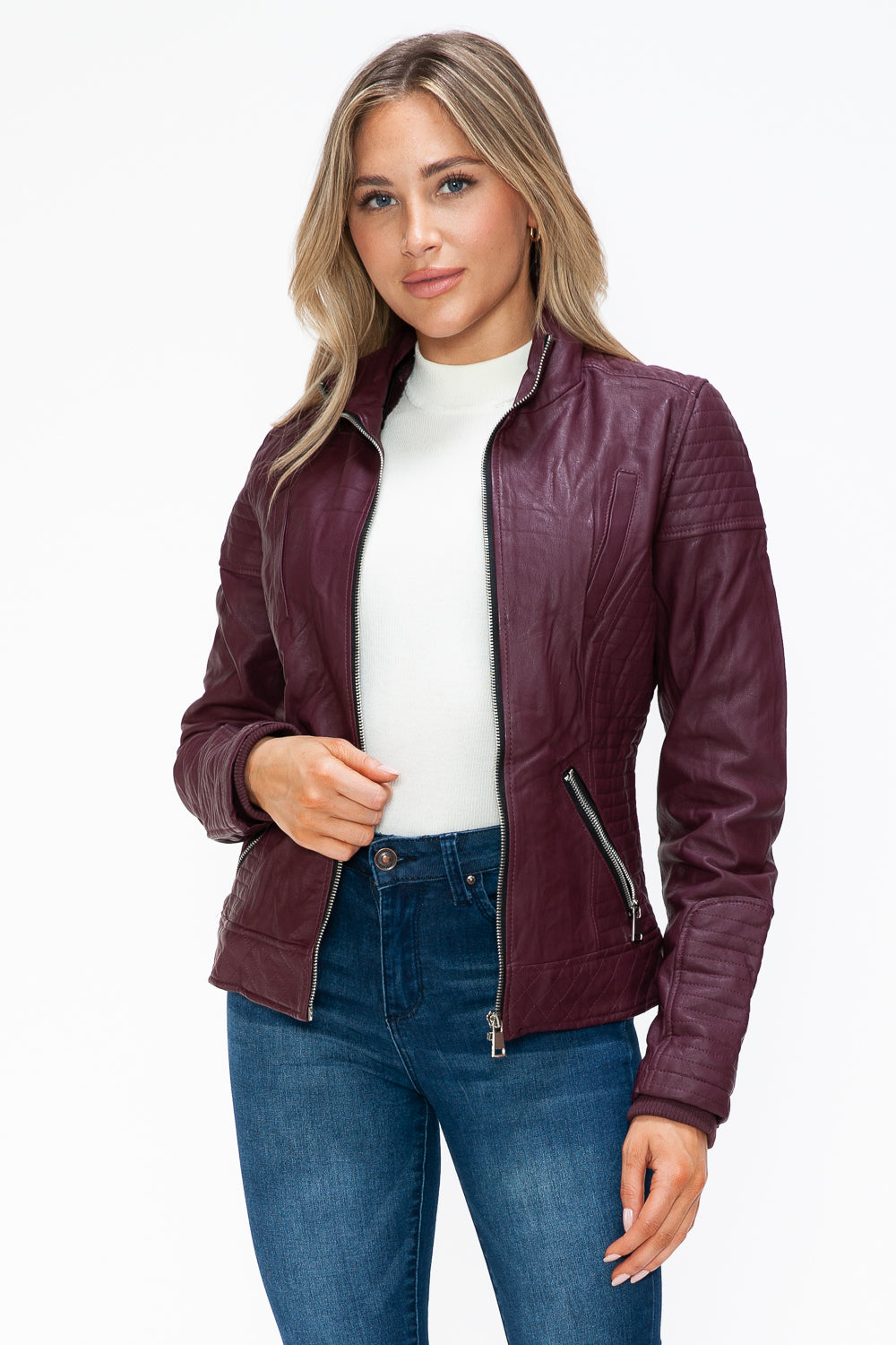 Ymi Faux Layered Double Zipper Jacket With Fuzzy Hood 1