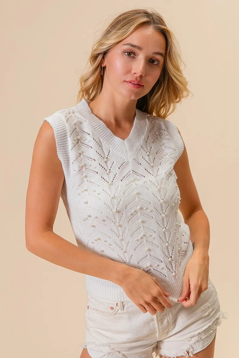 Ivory Bibi Chevron Pointelle Pearl Knit Top